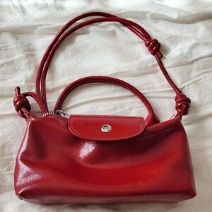 Longchamp Inspired Red Patent Handbag With Adjustable Shoulder Crossbody Strap